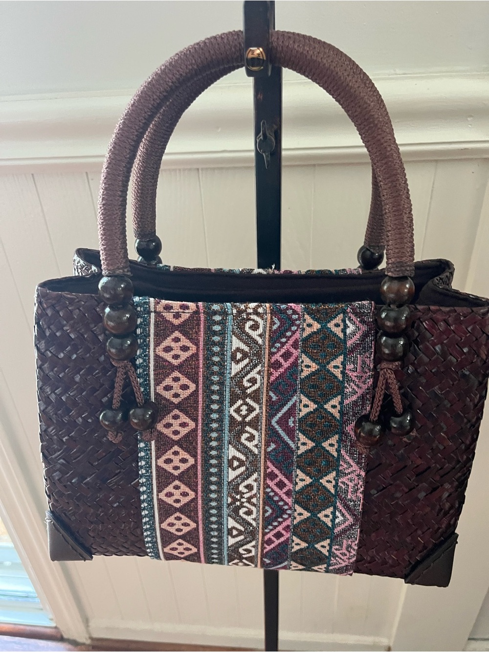 Woven Boho Handbag with Patterned Front Panel - Brown & Pink